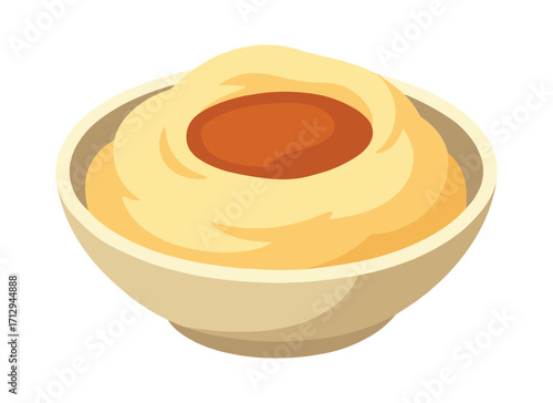Mashed potatoes with gravy in bowl  - flat vector illustration of creamy potato puree. The vector is isolated on a white background.
