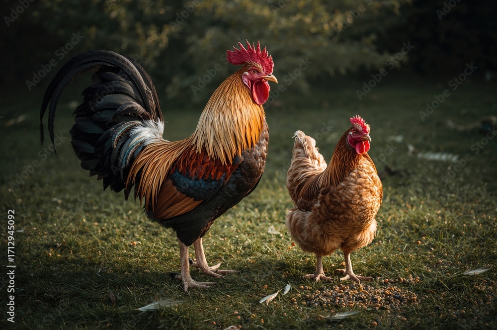 Fototapeta premium A long-tailed rooster and a hen are standing next to each other