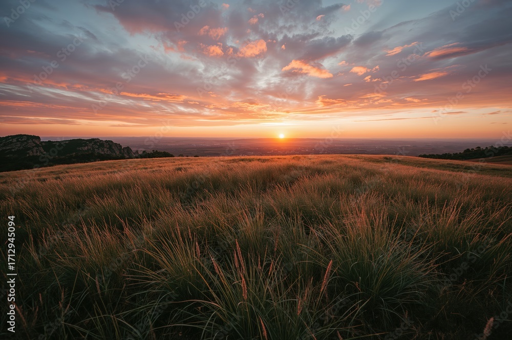 Obraz premium Sunset sky over a grassy meadow and rocky hill