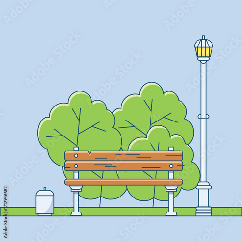 In The Park, There Is A Bench Near A Tree And A Lantern