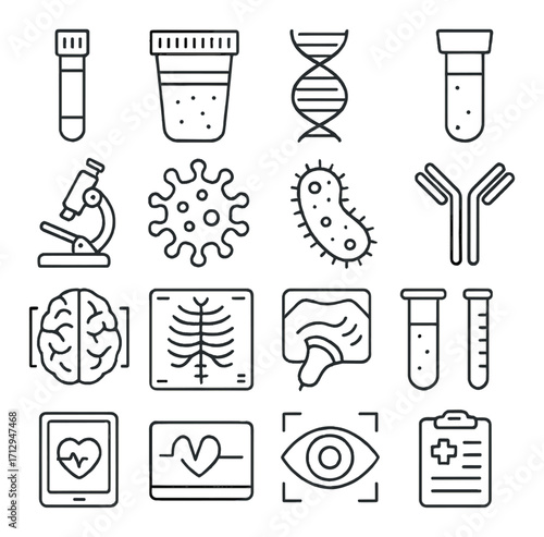 Medical research icons set featuring dna, microscope, bacteria, and x-ray