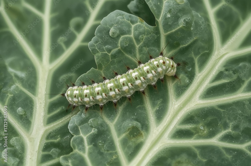 Naklejka premium Small white butterfly larva on chewed mustard green leaves, a major threat to brassica crops