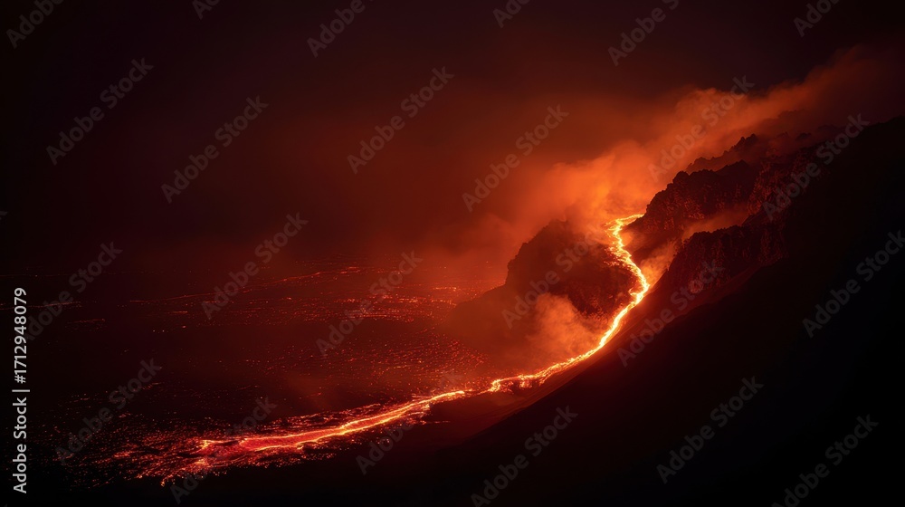 Fototapeta premium Glowing Lava Flowing Down Mountain at Night