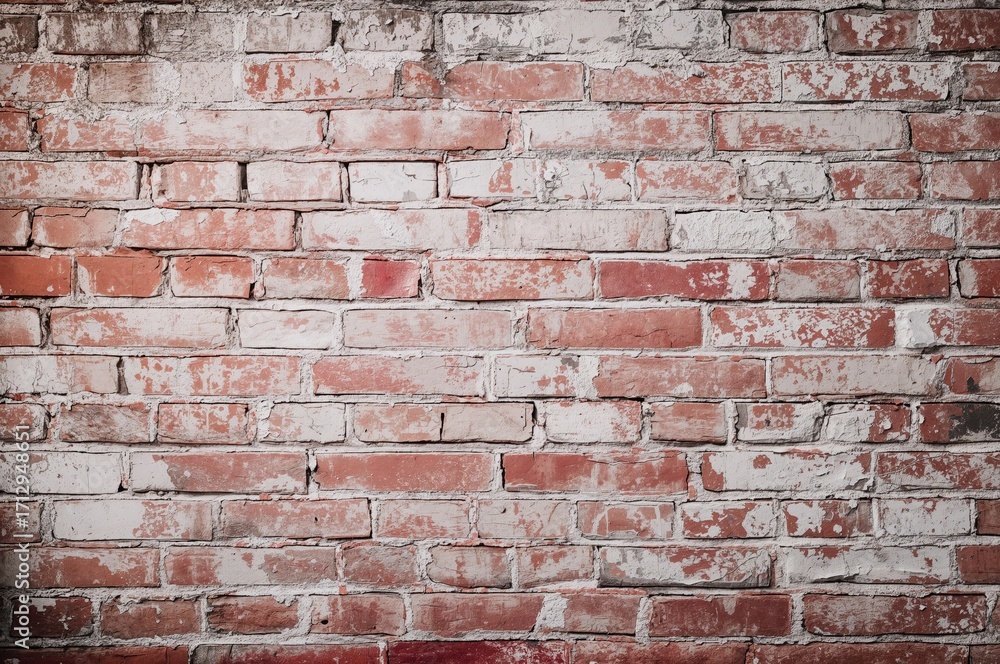 Naklejka premium Aged brick surface with red and white hues, damaged bricks, flaking plaster, retro texture, backdrop for signage, empty area