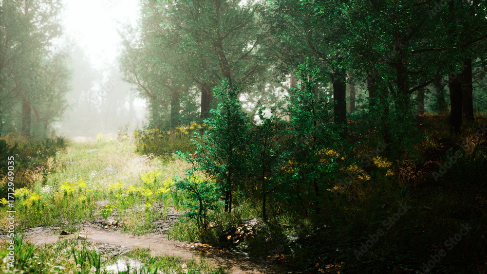 Fototapeta premium Morning light streams through vibrant trees in a peaceful forest. Wildflowers bloom amidst the greenery, creating a serene and enchanting atmosphere in this natural haven.