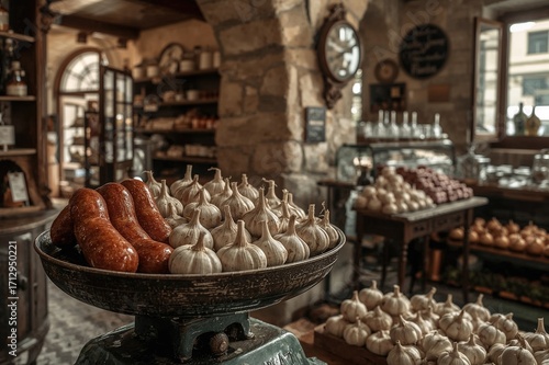 Traditional sausages and garlic displayed on a vintage scale inside a rustic shop interior