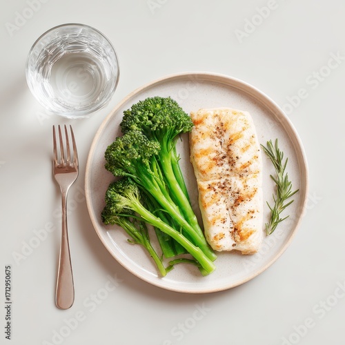 Grilled white fish fillet with broccolini and rosemary sprig on a plate, with a glass of water and fork