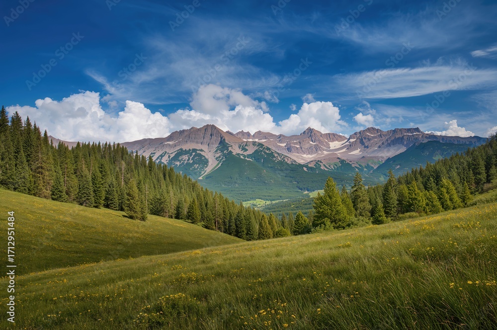 Obraz premium View of a verdant mountain meadow surrounded by towering peaks