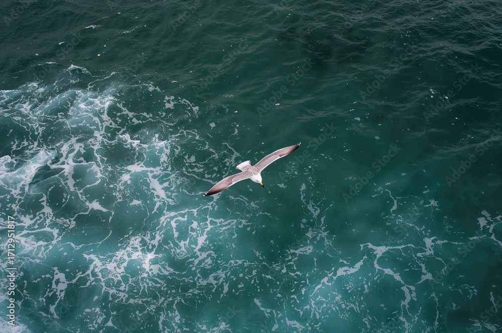 Obraz premium Seagull gliding above turbulent emerald ocean waves from a top view