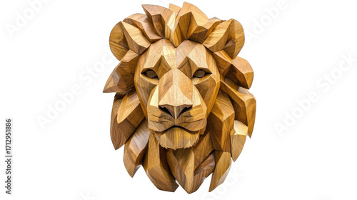 A wooden lion head sculpture on a white background - png