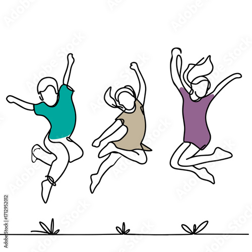 happy young people and happy children jumping, one line line-art vector illustration