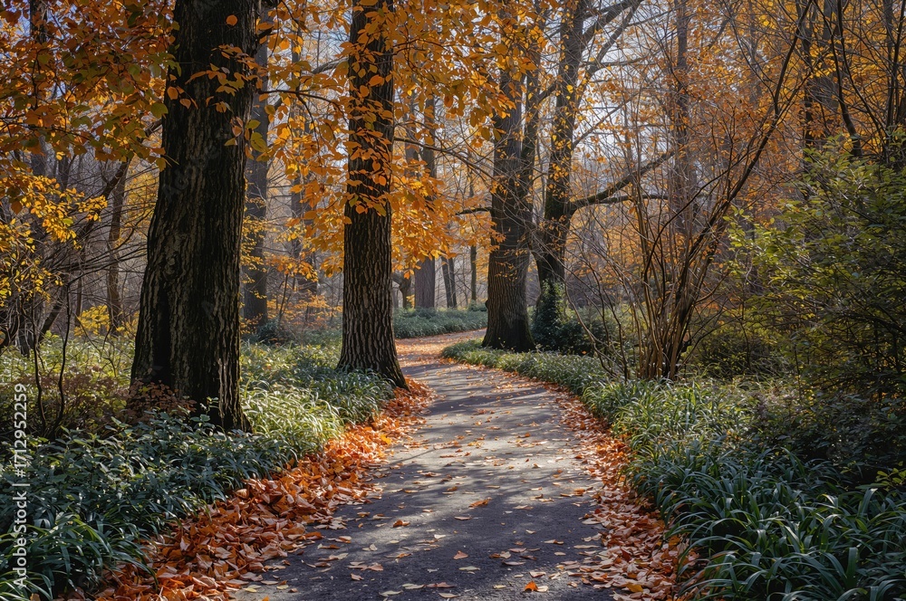 Obraz premium Fallen leaves lie serenely along a sun-dappled trail, merging with the natural browns and greens, inspiring tranquility and the change of seasons.