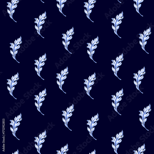 A seamless pattern of elegant white feathers on a deep navy blue background. The delicate, curved forms and subtle textures create a sophisticated and timeless design. Ideal for textiles, wallpaper, a