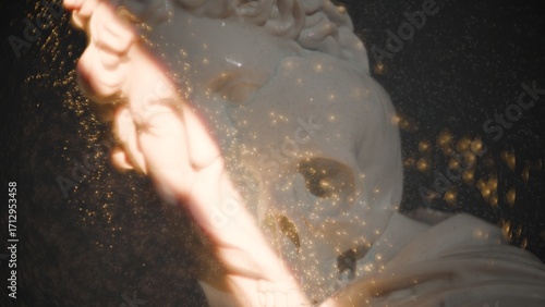 Classical antique sculpture of Apollo and a human skull crawling over his face, the dispute of the concept of immortality and mortality, the philosophy of death in the culture of humanity, 3D