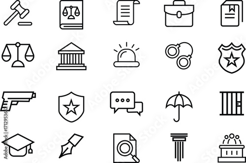 Law and justice icon set . Justice, legal, court, judgement line icons. Services lawyer, attorney, Lawyer, advocate, law symbol.  Law and justice line icons vector illustration.