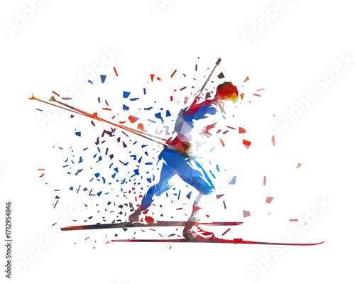 Biathlon racer, isolated low polygonal vector illustration with dispersion effect. Illustration of biathlon skier. Winter sports, side view