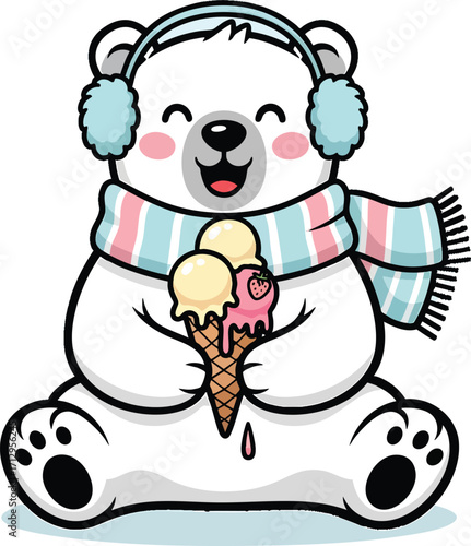A cute polar bear wearing earmuffs and a scarf, happily eating an ice cream cone.