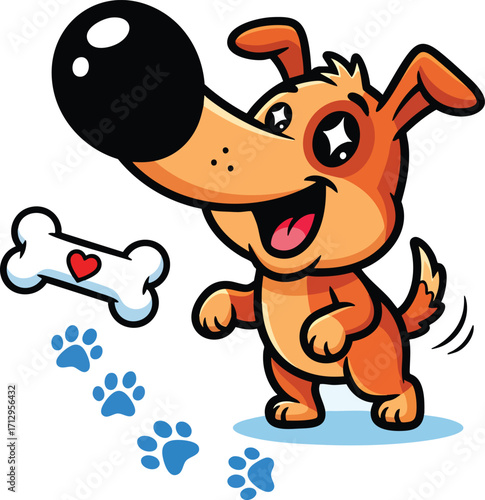 Cute cartoon dog with a bone and paw prints, happy and playful expression.