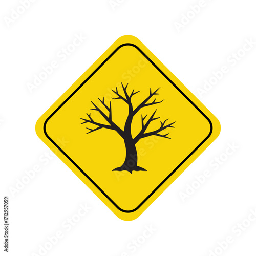 warning road sign with silhouette of a leafless tree indicating dry or dead vegetation ahead
