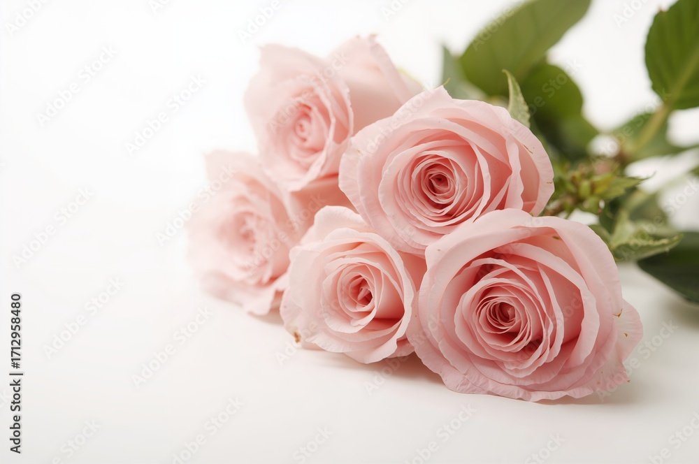Fototapeta premium Pink roses on a plain backdrop, floral, singular, natural, season of renewal, affection, celebration, illumination, idea, present
