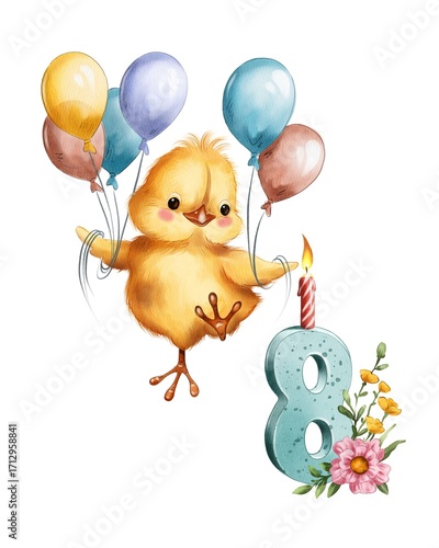 Cute chick celebrating an 8th birthday with balloons and a candle in a joyful setting