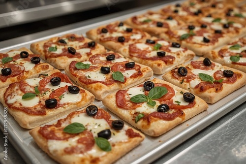 Mini square pizzas topped w...