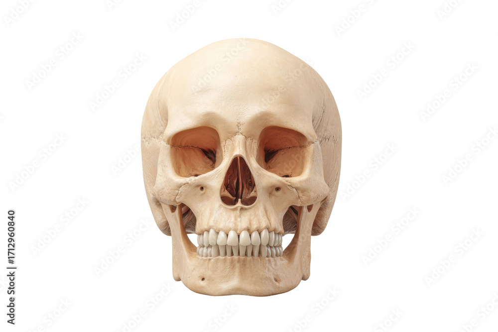 Fototapeta premium Front view of human skull with detailed teeth structure, cut out