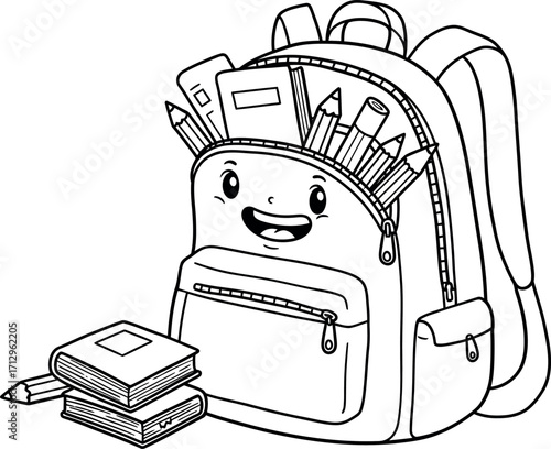 A cartoon backpack filled with school supplies and books in black and white outline illustration