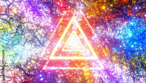Vibrant, glowing triangles nested within a colorful, cosmic forest scene.