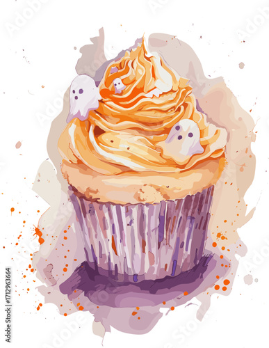 watercolor illustration of a Halloween cupcake with orange frosting, three tiny ghost decorations, and a purple-striped wrapper surrounded by artistic paint splashes.