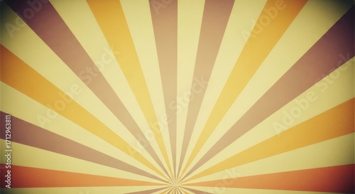 A vintage-style sunburst background with alternating stripes of yellow, orange, and purple.