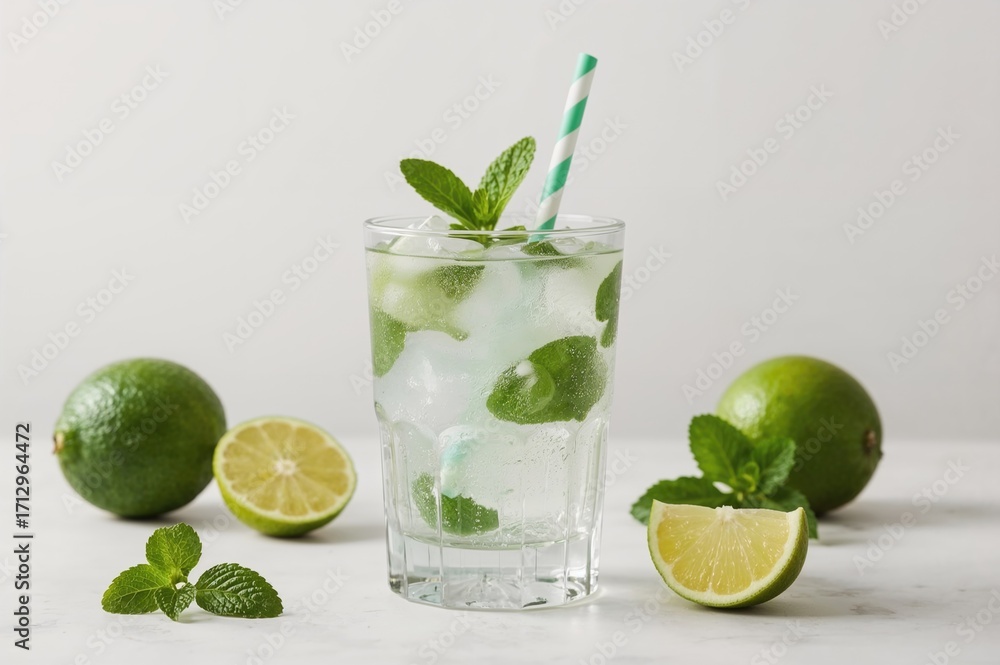 Fototapeta premium Refreshing iced beverage with mint and cucumber, healthy detox water on light background with copy space