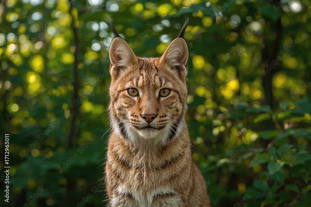 Fototapeta premium Young male Eurasian lynx posing before a forest backdrop under morning sunlight.