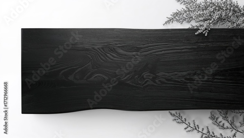 Black wooden table shown fr...