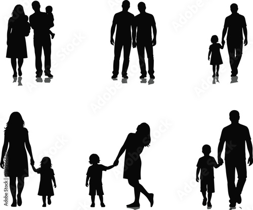 PrintSilhouette of adults and children in various family interactions, parenting concept, love, care, walking together, holding hands, family bond, vector illustration