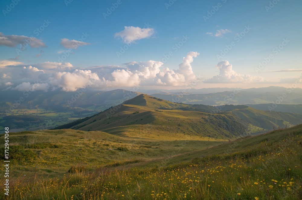 Fototapeta premium A scenic view of hills, clouds, and meadows during a warm mountain season