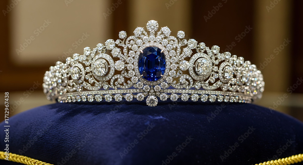 Obraz premium Highlight Luxury and Elegance with Ornate Tiara Featuring Sapphire Gemstones for Jewelry Design, Fashion, Royalty, Weddings, and Editorial Use, 8K image 