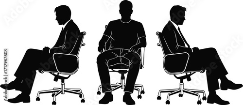 PrintSilhouette of three seated people on office chairs facing different directions, business concept, teamwork, conflict, perspective, corporate meeting, vector illustration