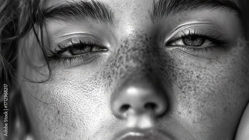 Close-up portrait of a woman with freckles on her face