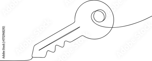 Single line drawing a key with a circular bow serrated bit continous line art object