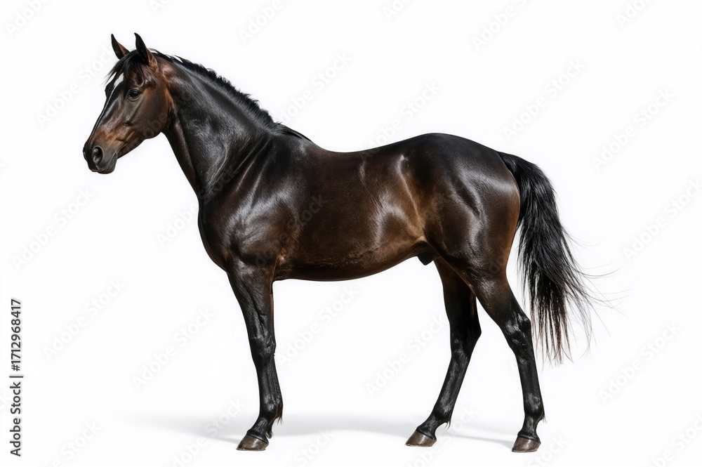 Obraz premium Majestic dark thoroughbred horse posed alone against a white backdrop, side profile