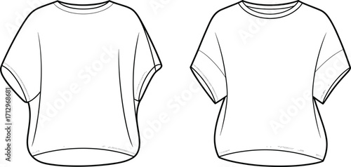 Technical fashion vector illustration of men’s short sleeve shirts with round neckline, relaxed fit, seam details, curved hem, and structured variation