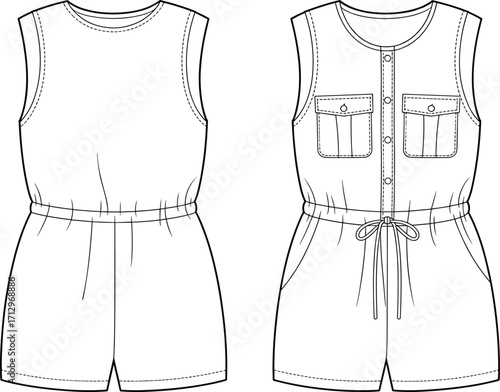 Technical fashion vector illustration of women’s sleeveless romper with round neckline, elastic waist, button placket, chest pockets, and side seam pockets