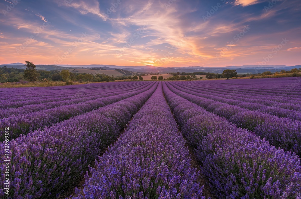 Fototapeta premium Breathtaking view of a lavender meadow during sunset on a high plain