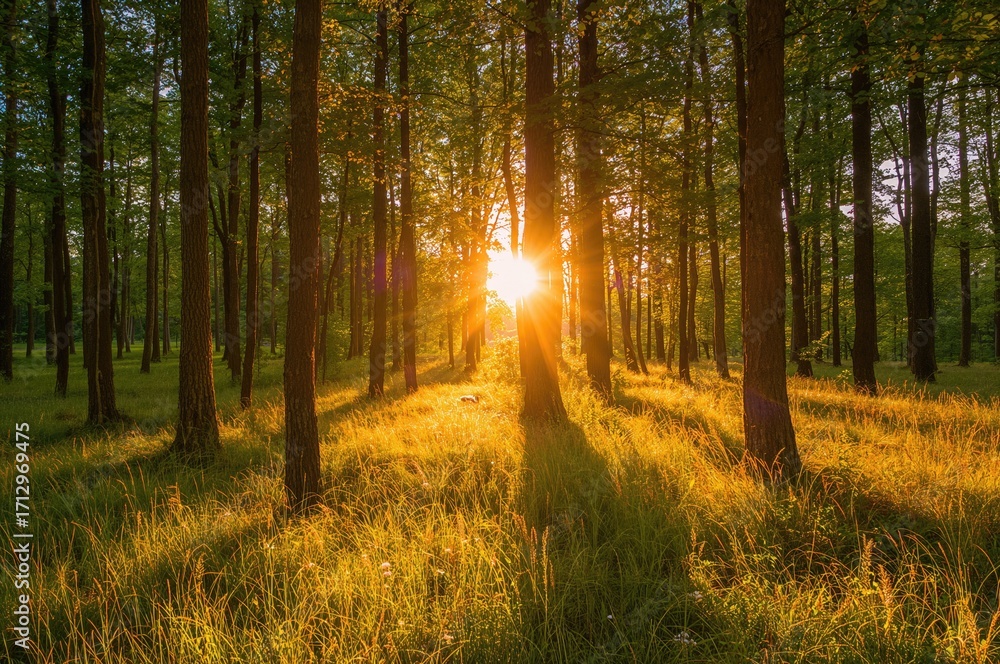 Obraz premium Bright woodland during sunset with tree trunk silhouettes