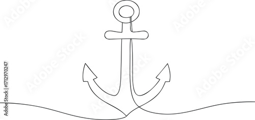 Single line drawing a nautical anchor with wavy lines below continous line art maritime
