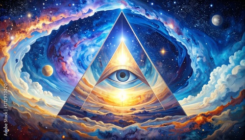 Cosmic pyramid design with all-seeing eye, vibrant colors and nebulae.