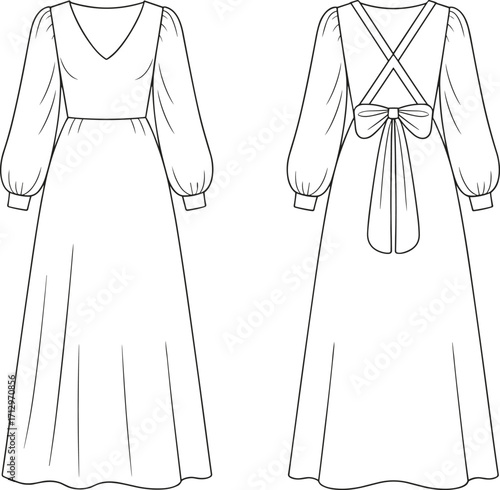 Technical fashion vector illustration of women’s floor length dress with deep V-neckline, puff sleeves, fitted waist, flared skirt, and bow back