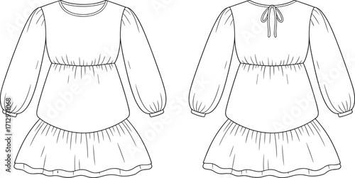 Technical fashion vector illustration of women’s long sleeve dress with round neckline, puffed sleeves, fitted bodice, gathered skirt, and back tie
