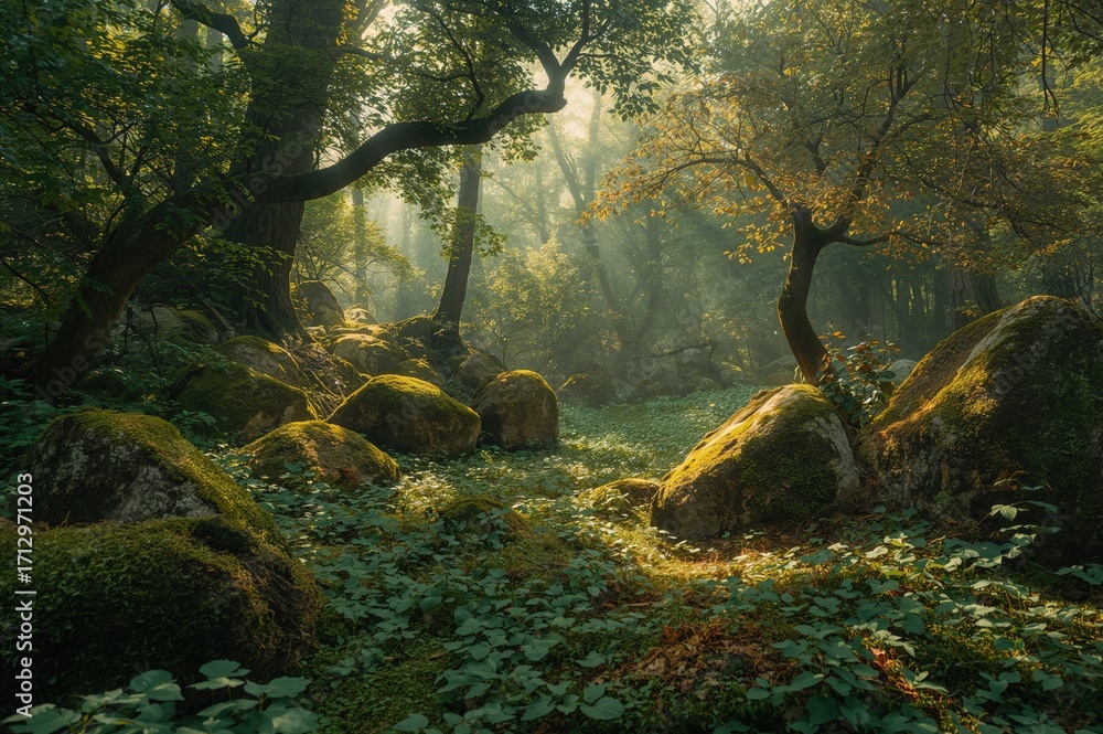Fototapeta premium Mossy rocks nestled within an enchanted woodland setting, summertime, natural scenery, trees, springtime, scenic view, sunlight, foliage, woodland